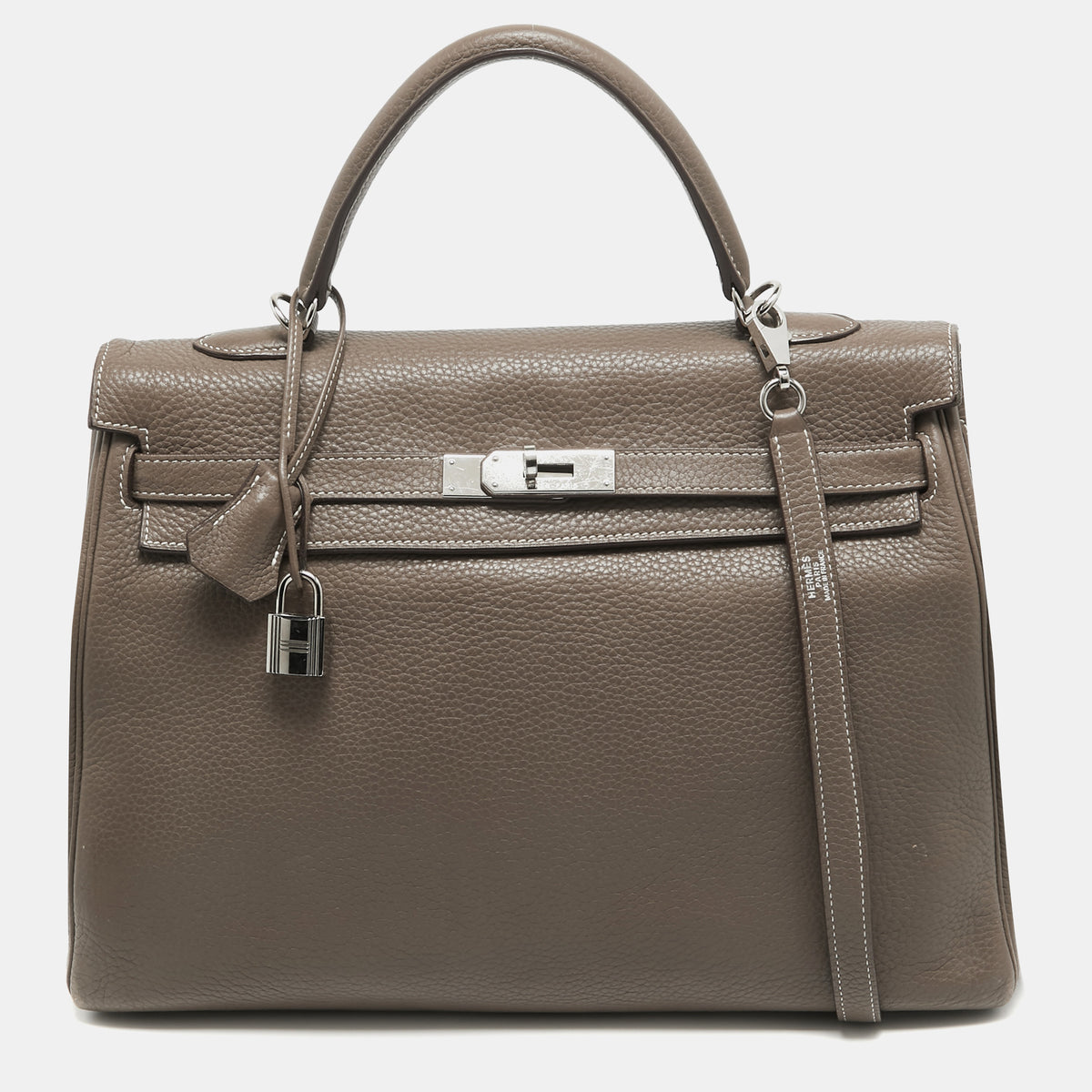 Hermès Etain Taurillion Clemence Leather Palladium Finish Kelly Retourne 35 Bag