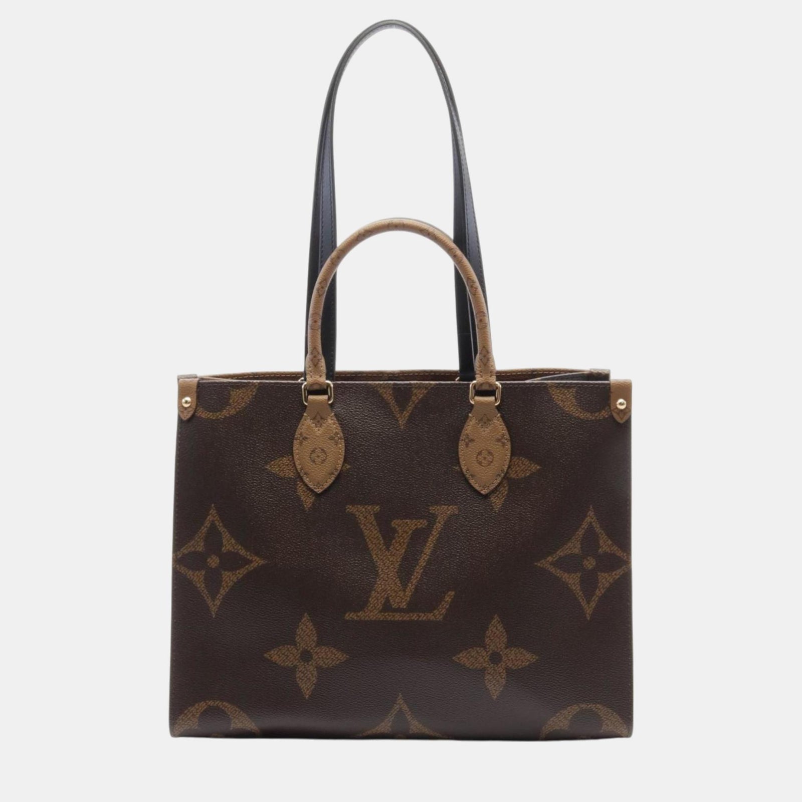 Louis Vuitton On the Go MM Tragetasche aus riesigem Canvas mit Monogramm in Reverse-Leder in Braun-Beige