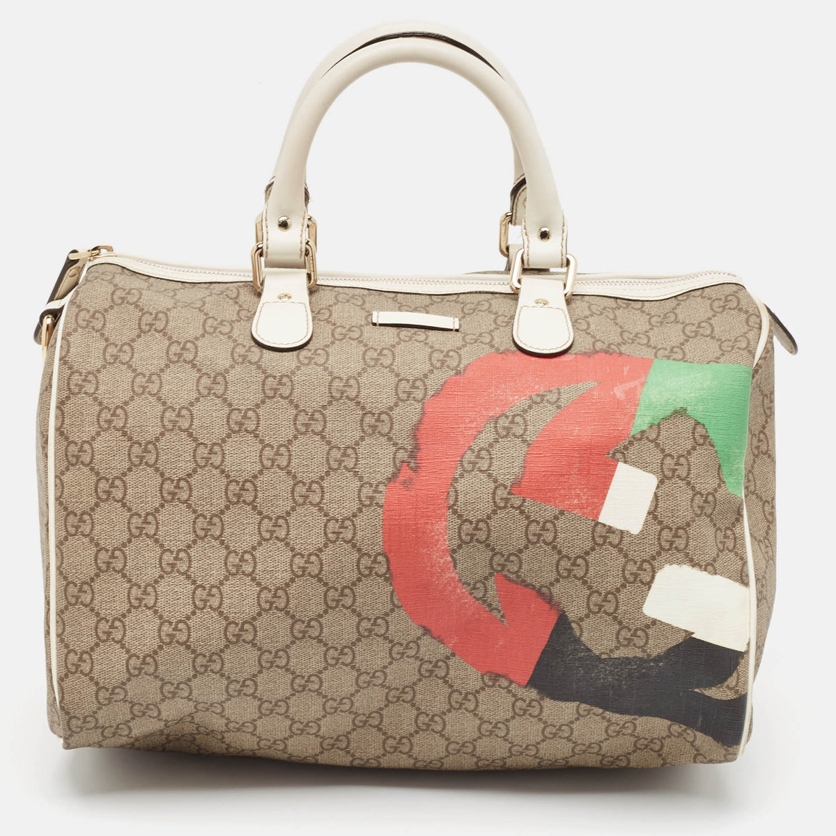Gucci White/Beige GG Supreme Canvas Medium Italian GG Flap Boston Bag