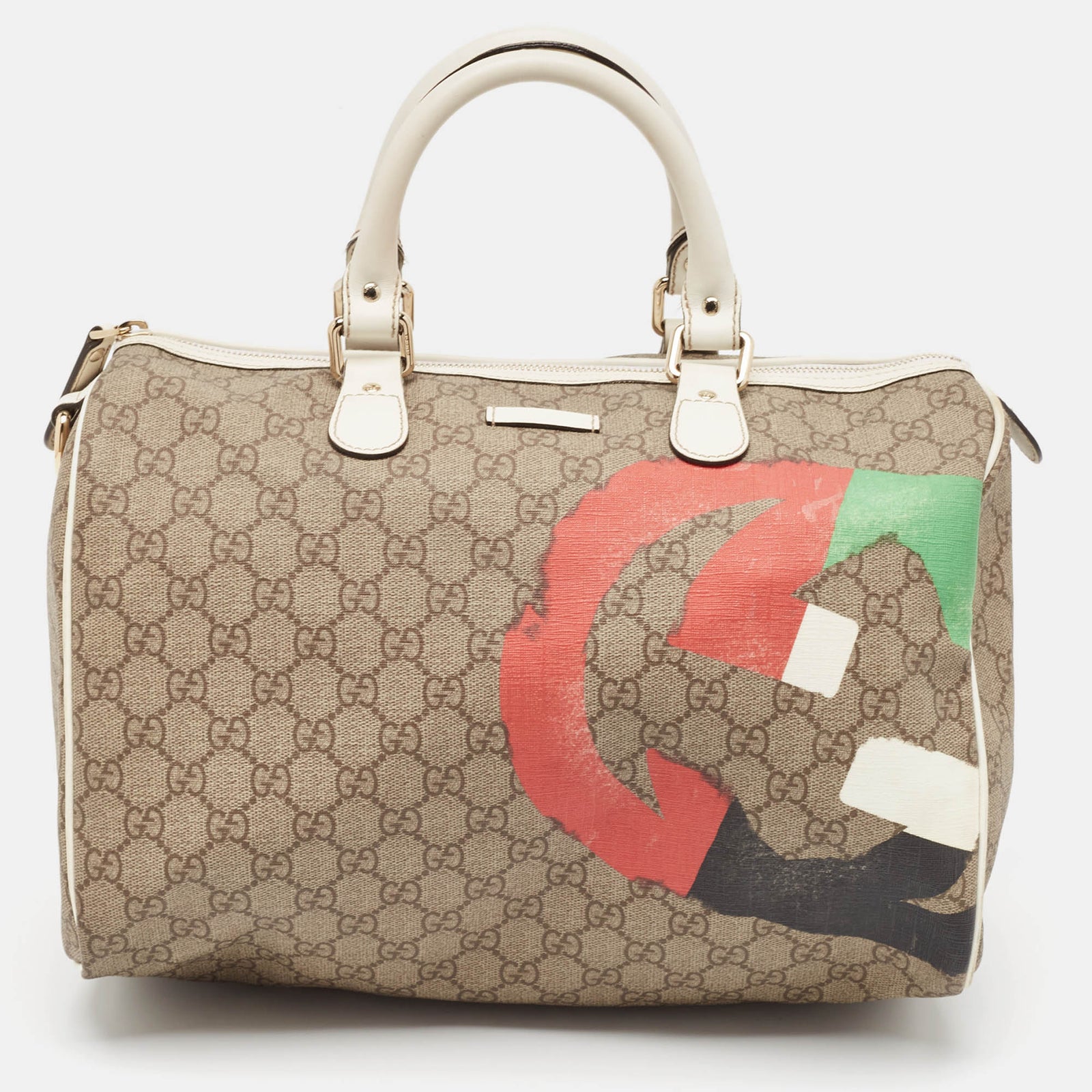 Gucci Mittelgroße Boston-Tasche aus italienischem GG Supreme-Canvas in Weiß/Beige