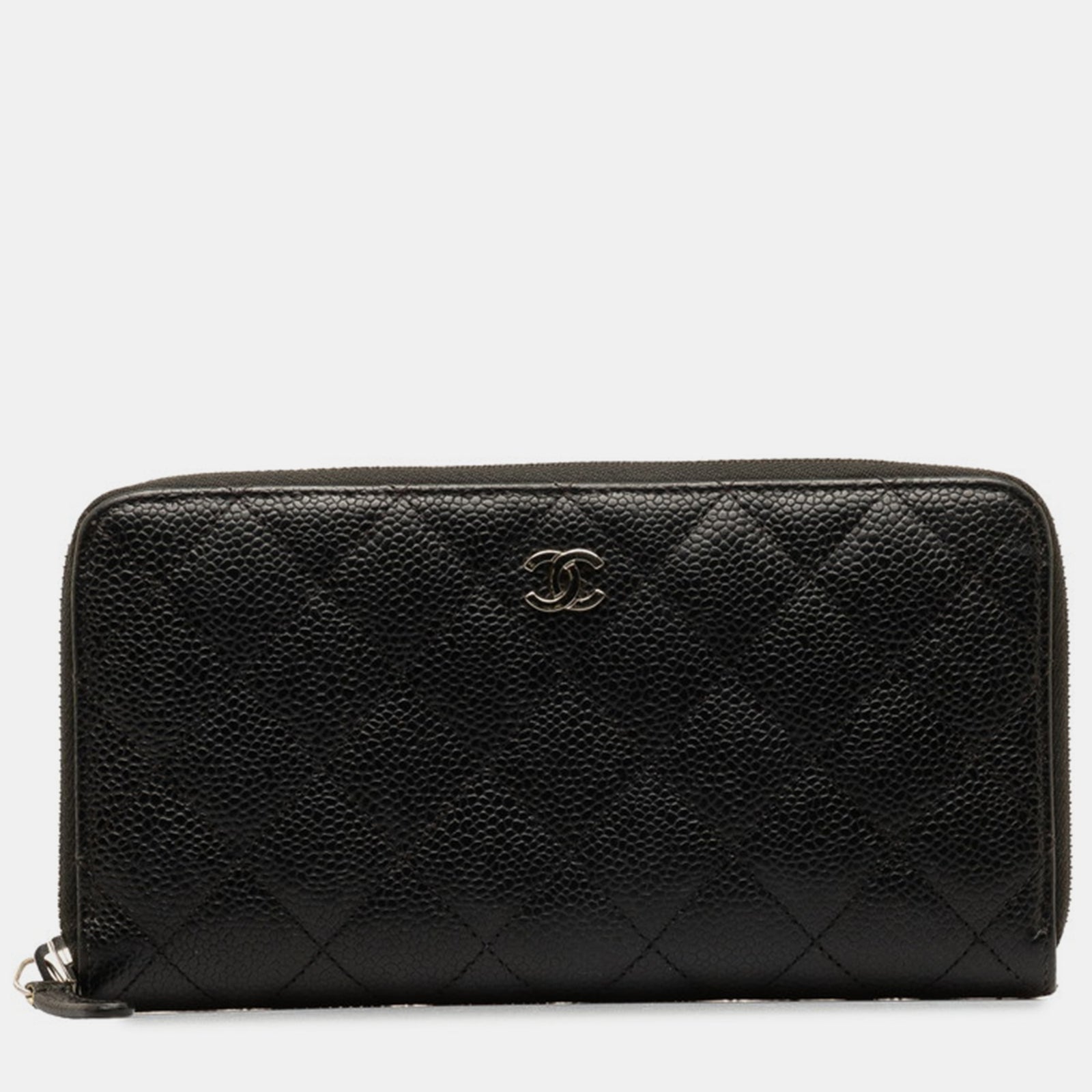 Chanel Black Leather Quilted Caviar Zip Around Wallet