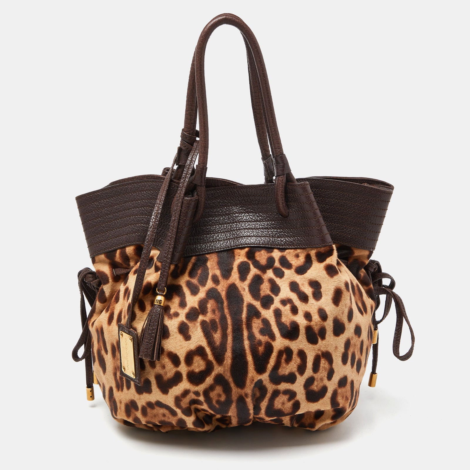 Dolce & Gabbana Brown Leopard Calf Hair and Leather Drawstring Hobo