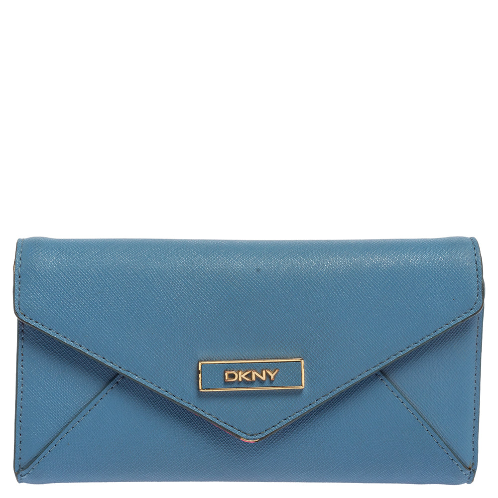 DKNY Portefeuille long à trois volets en cuir bleu/rose DKNY