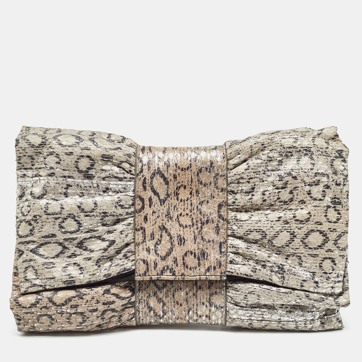 Furla Grey/Silver Snakeskin Embossed Leather Bow Clutch