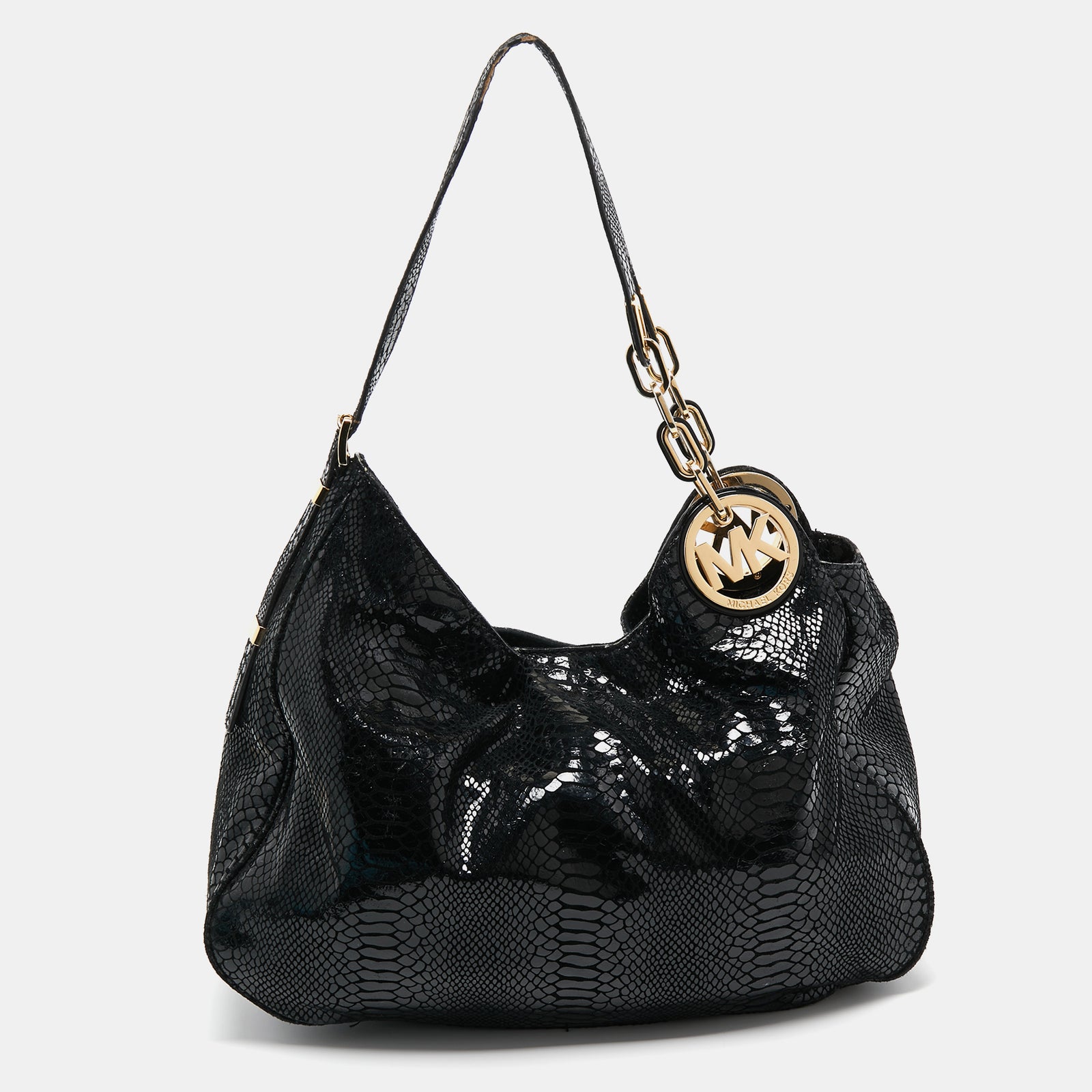 Michael Kors Black Snakeskin Embossed Leather Fulton Slouchy Hobo