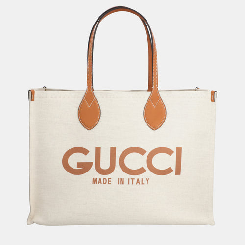 Beige/Brown Canvas and Leather Logo Tote Bag