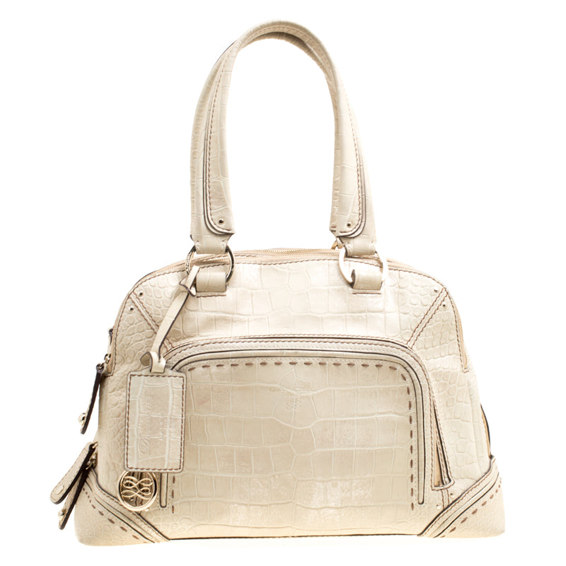 Lancel Light Green Croc Embossed Leather Mademoiselle Adjani Dome Satchel