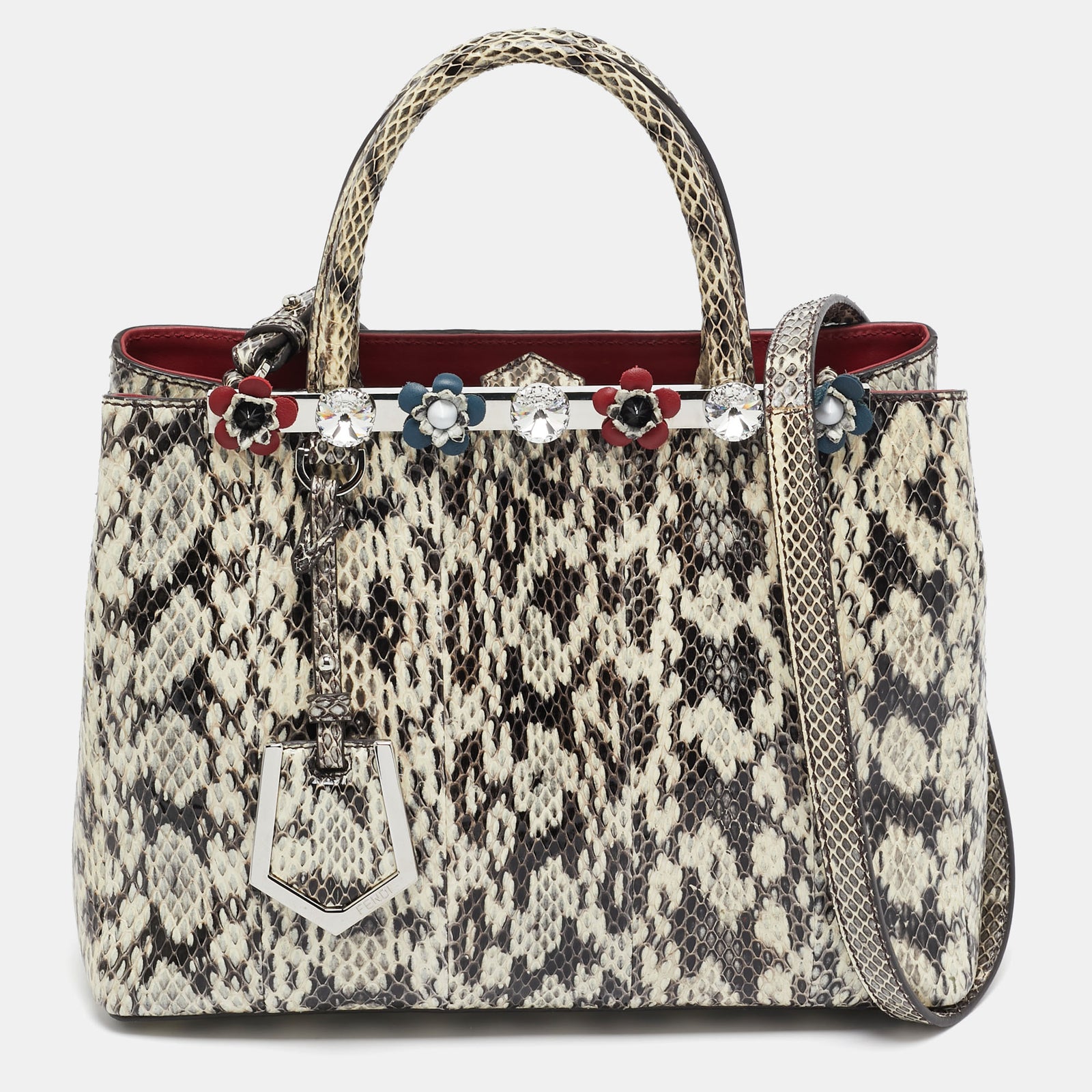 Fendi Black/white Snakeskin Leather Small Flowerland 2Jours Tote