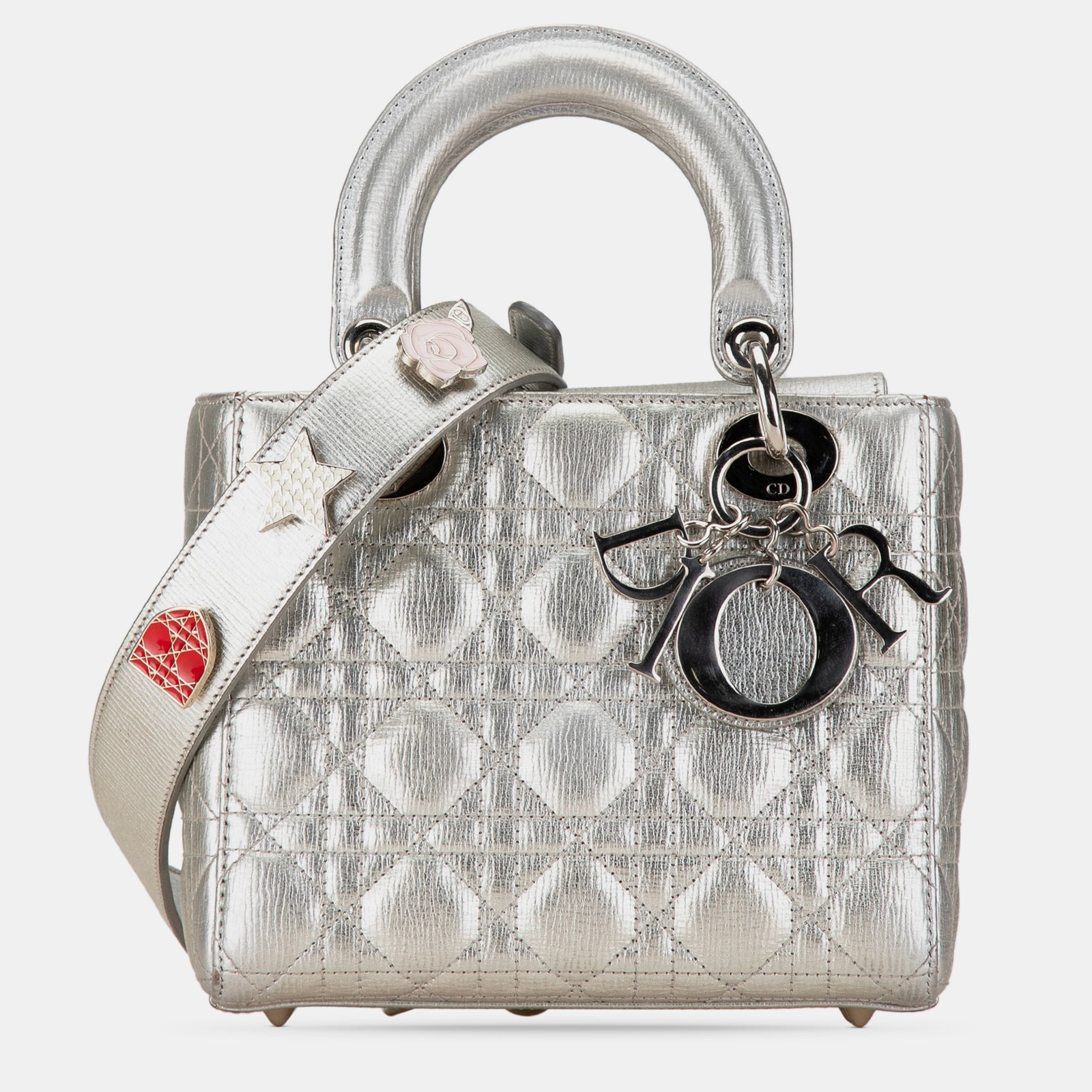 Dior Kleine My Lady Tasche aus genarbtem Metallic-Kalbsleder mit Cannage Lucky Badges