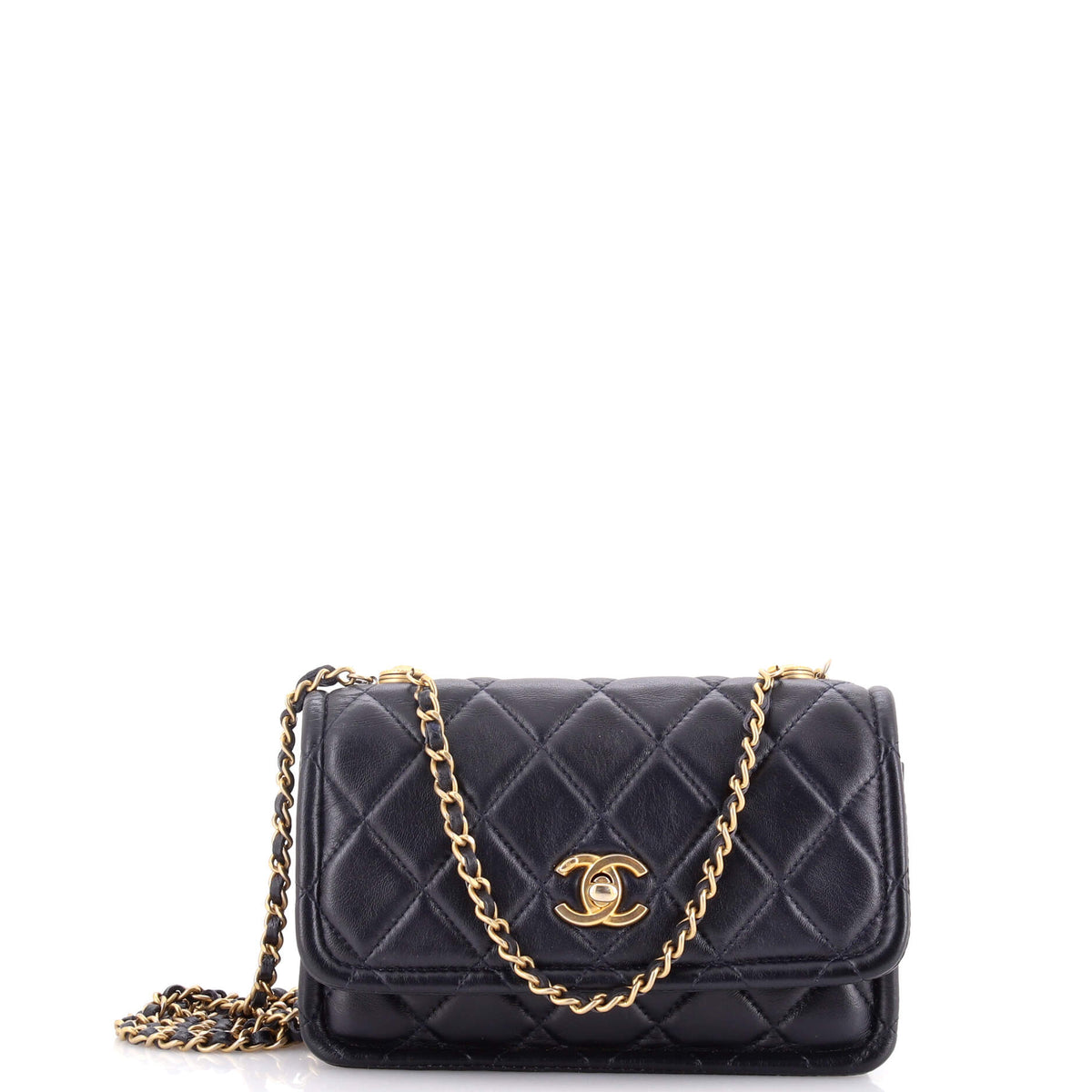 Chanel CHANEL Button on Top Flap Clutch with Chain Quilted Shiny Lambskin Small