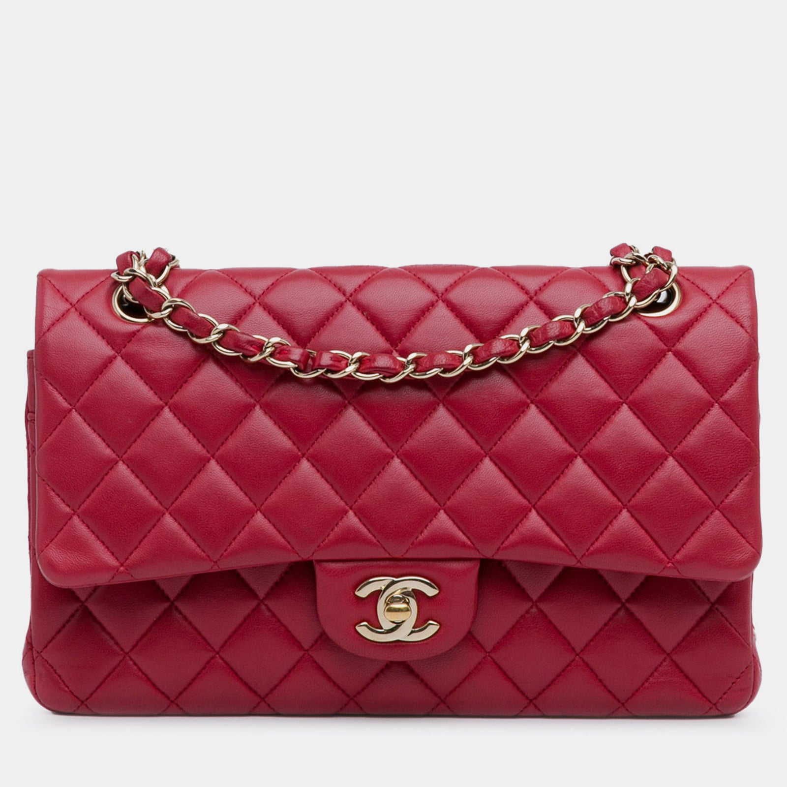 Chanel Klassische mittelgroße Tasche mit Doppelklappe aus rotem Lammleder