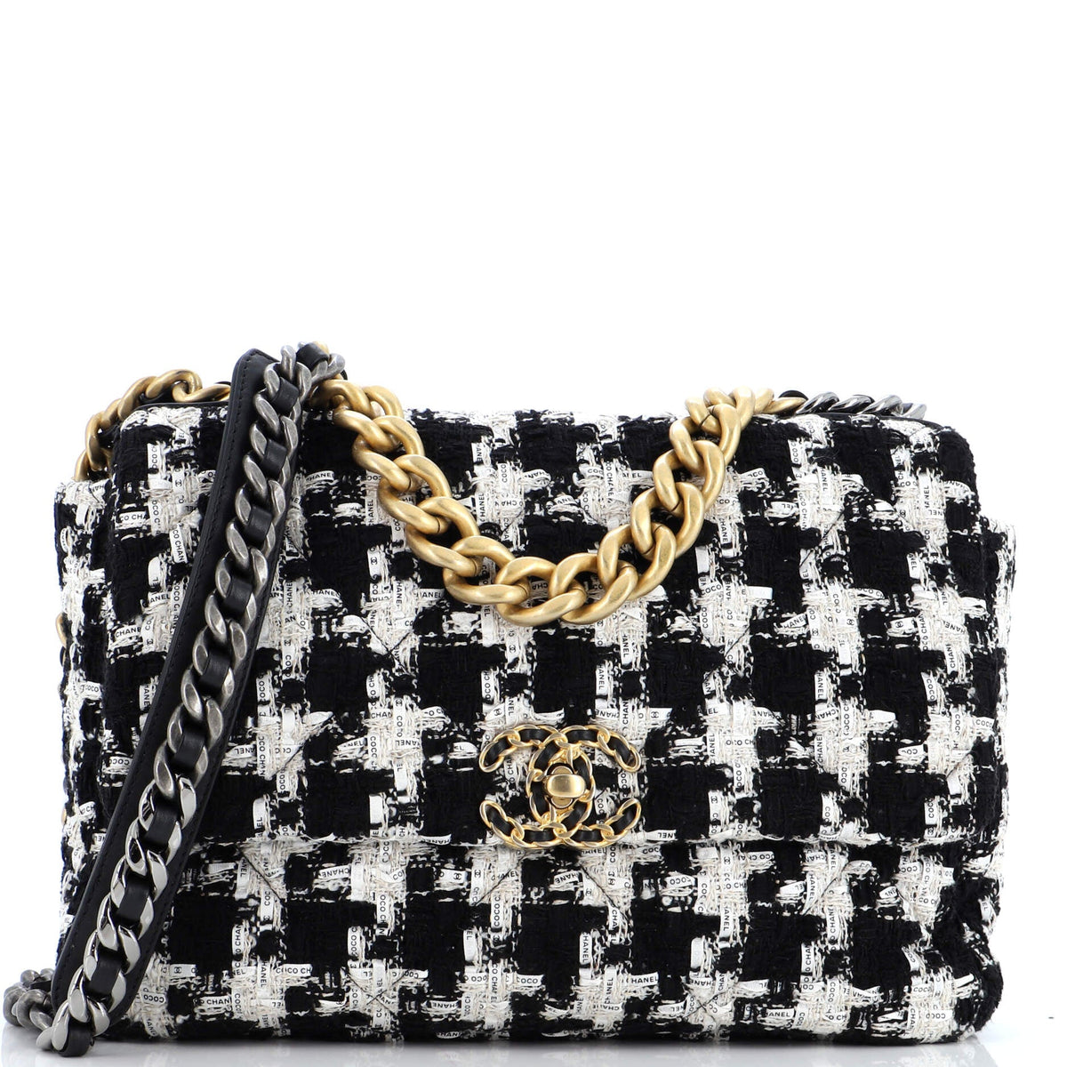 Chanel CHANEL 19 Flap Bag Quilted Houndstooth Tweed and Ribbon Medium
