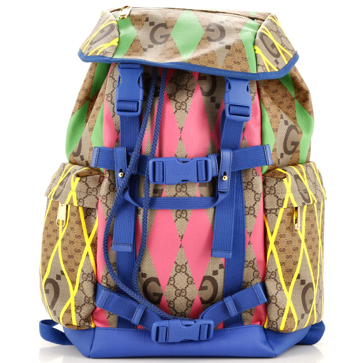 Gucci GUCCI Double Pocket Buckle Backpack Rhombus GG Coated Canvas with Leather