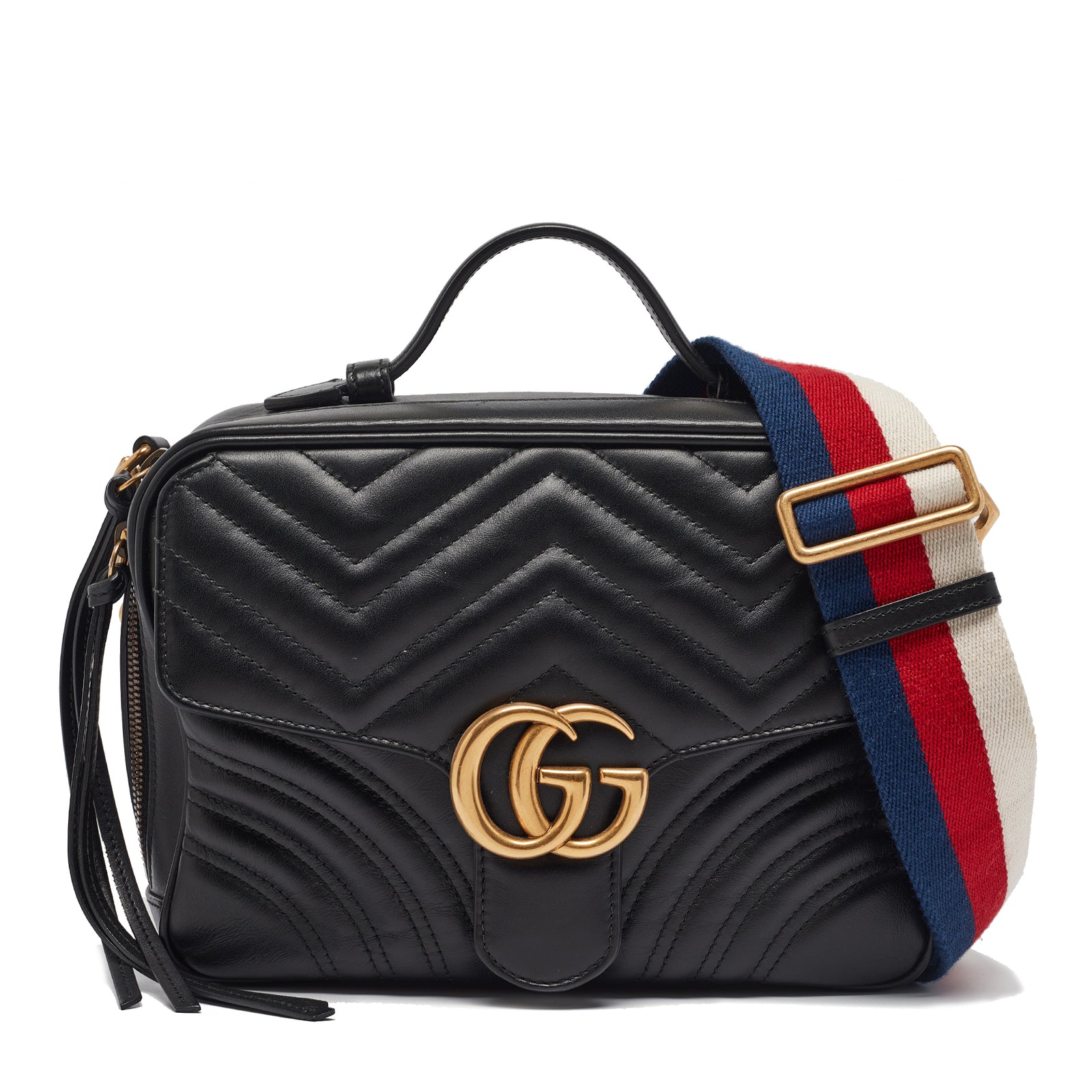 Gucci Schwarze GG Marmont-Tasche aus Matelassé-Leder mit Henkel