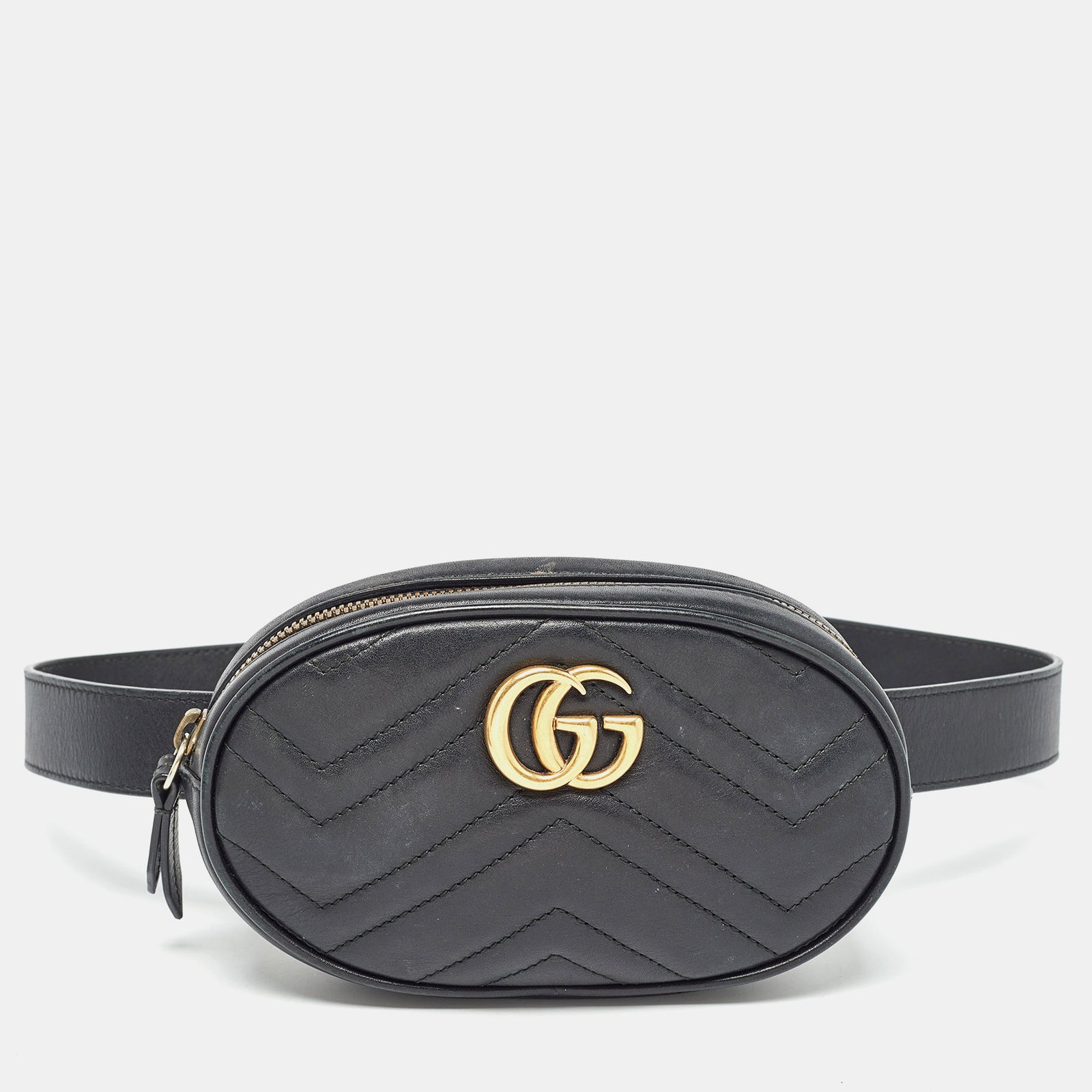 Gucci Schwarze Mini GG Marmont Gürteltasche aus Matelassé-Leder