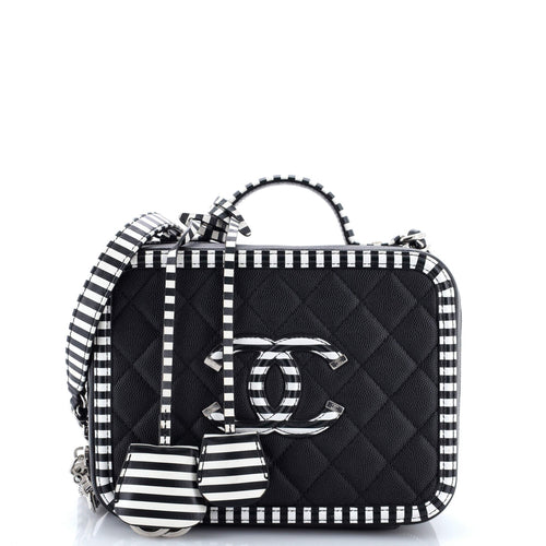 CHANEL Filigree Vanity Case Quilted Caviar with Striped Leather Large
