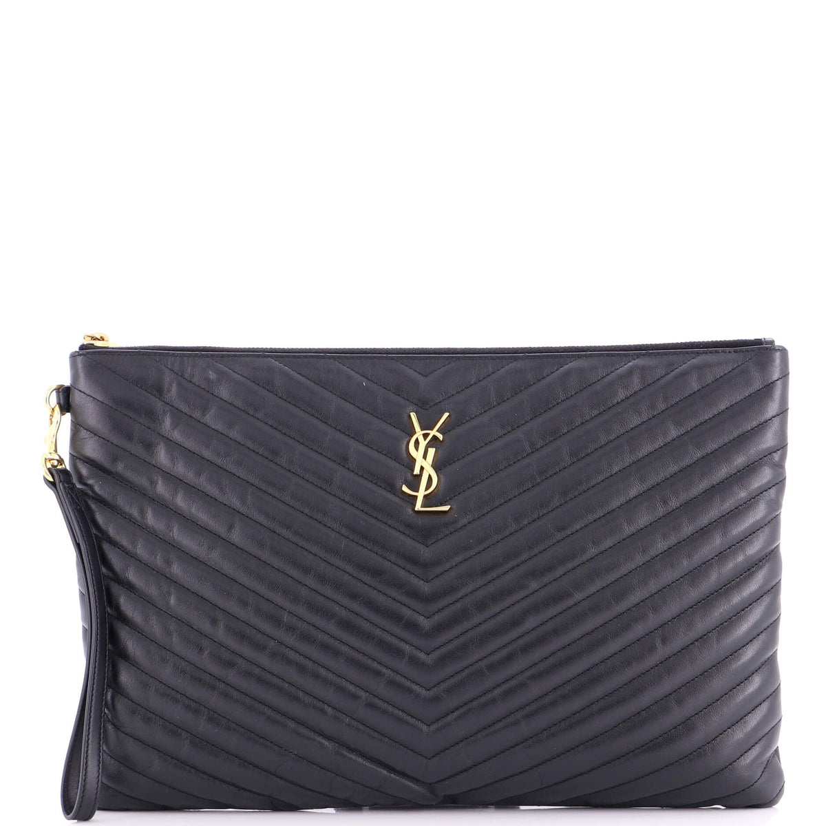 Saint Laurent Classic Monogram Wristlet Pouch Matelasse Chevron Leather Large