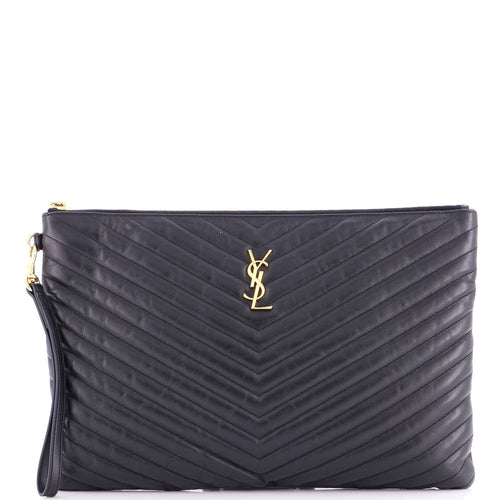 Classic Monogram Wristlet Pouch Matelasse Chevron Leather Large