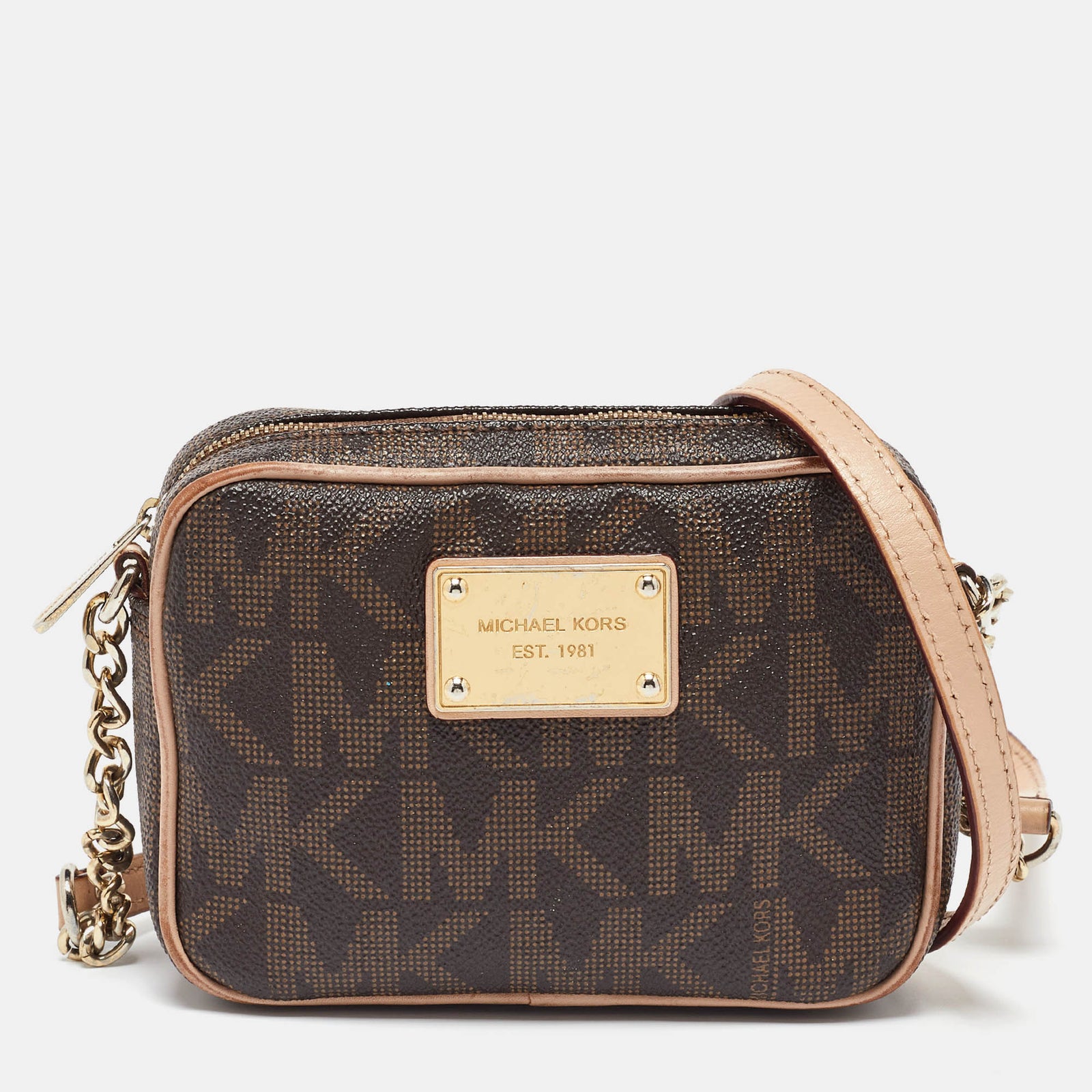 Michael Kors MICHAEL Beige/Brown Signature Coated Canvas and Leather Mini Camera Crossbody Bag