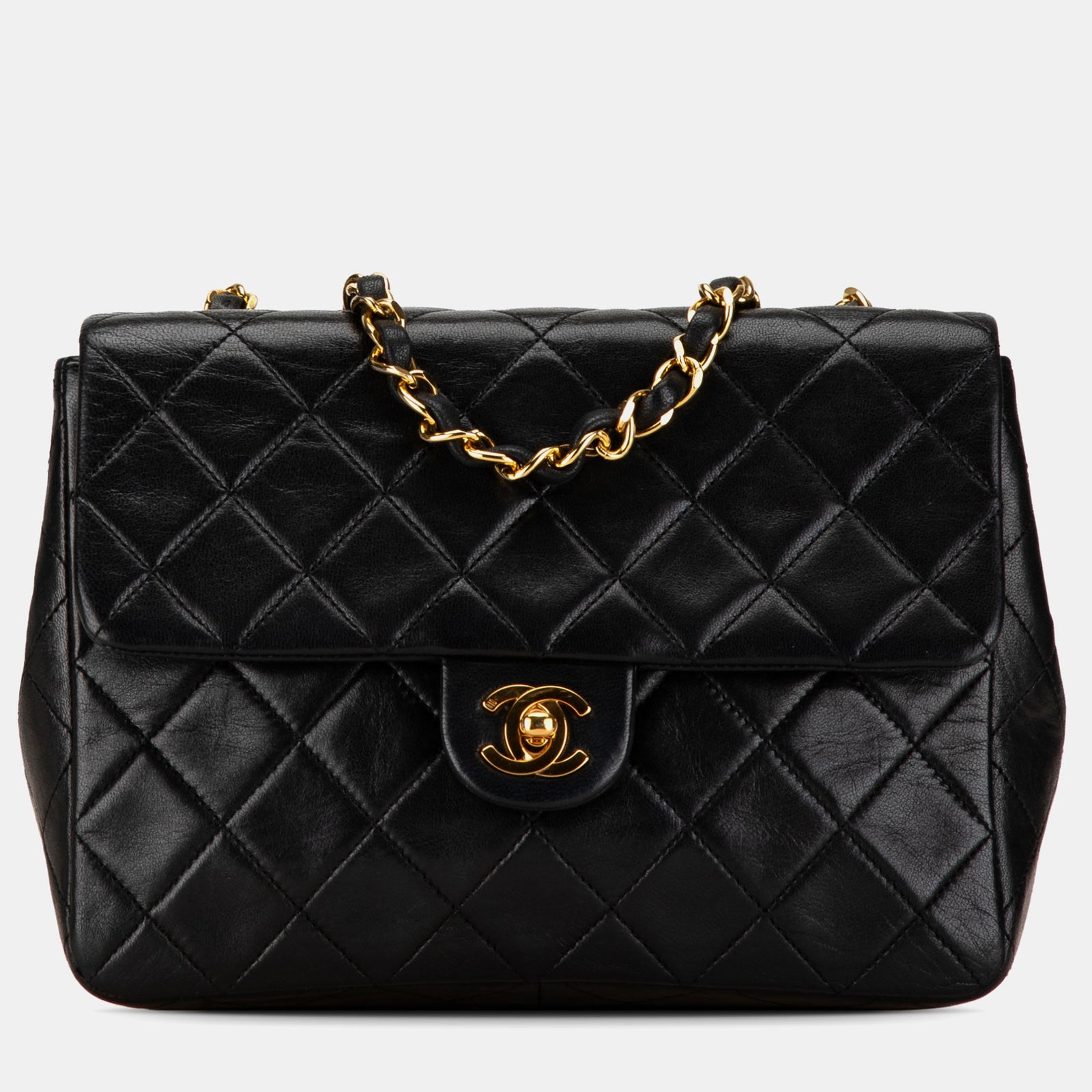 Chanel Mini sac carré classique à rabat simple en cuir noir