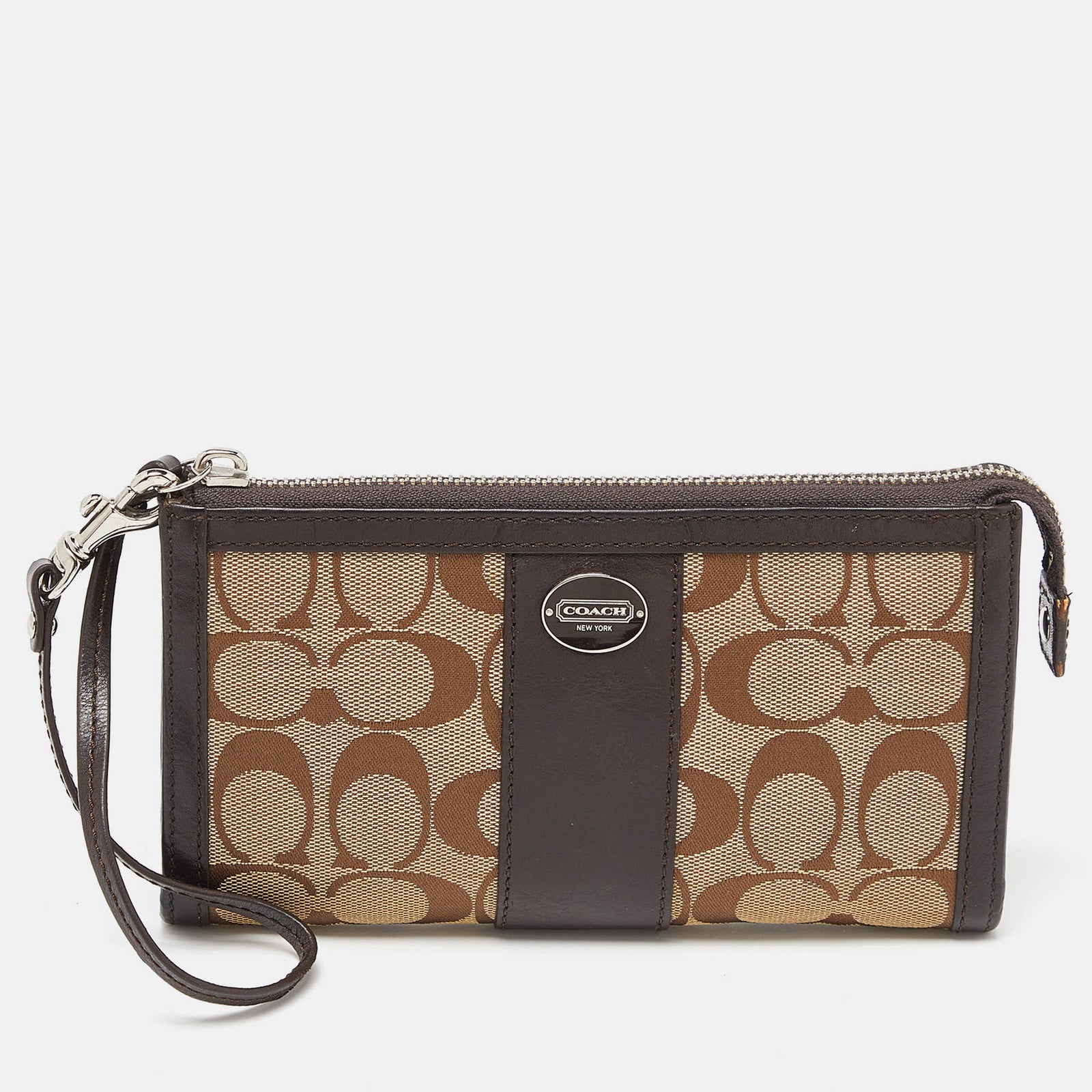 Coach Brown/Beige Signature Canvas and Leather Zip Wristlet Pouch