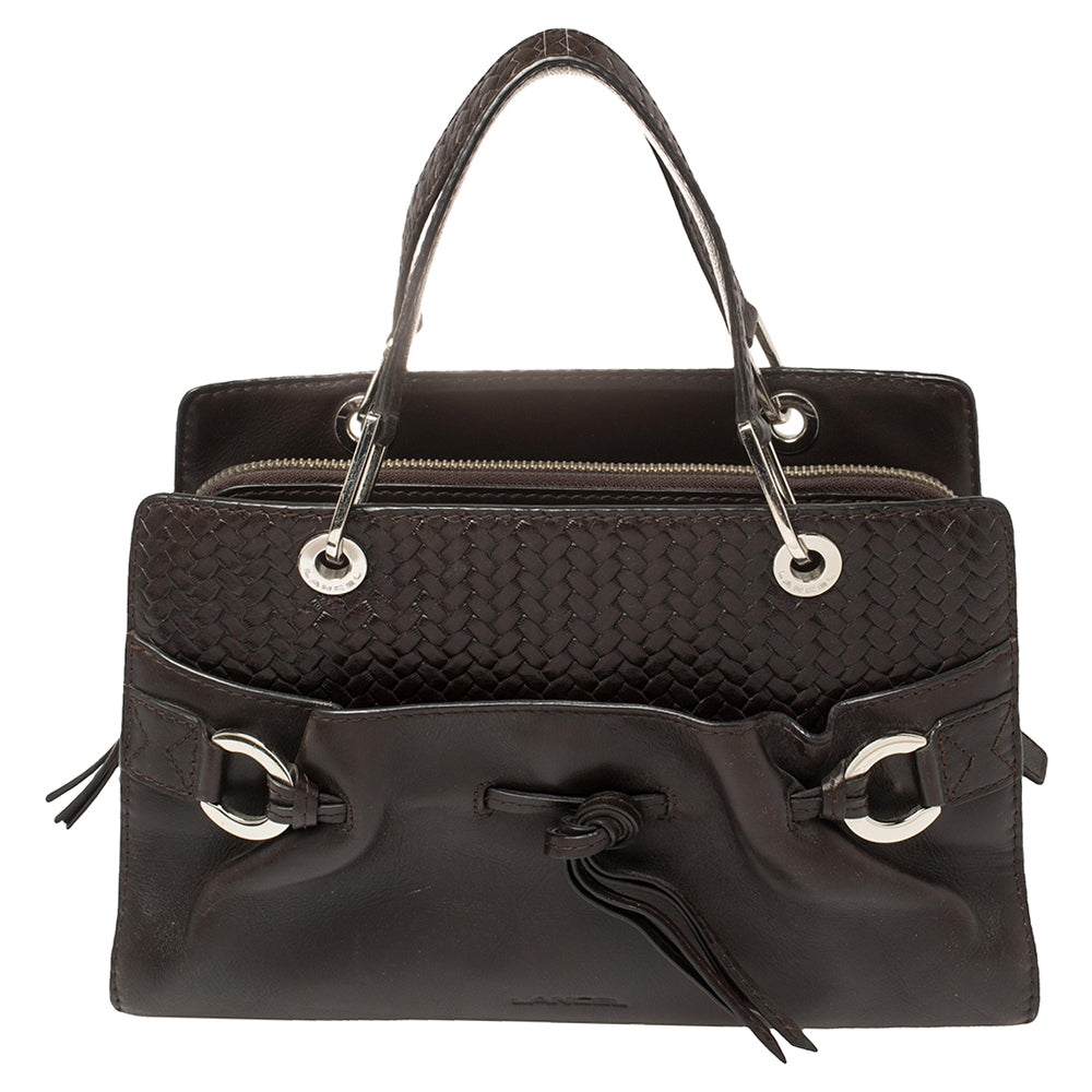 Lancel Dark Brown Braided Leather Front Pocket Tote