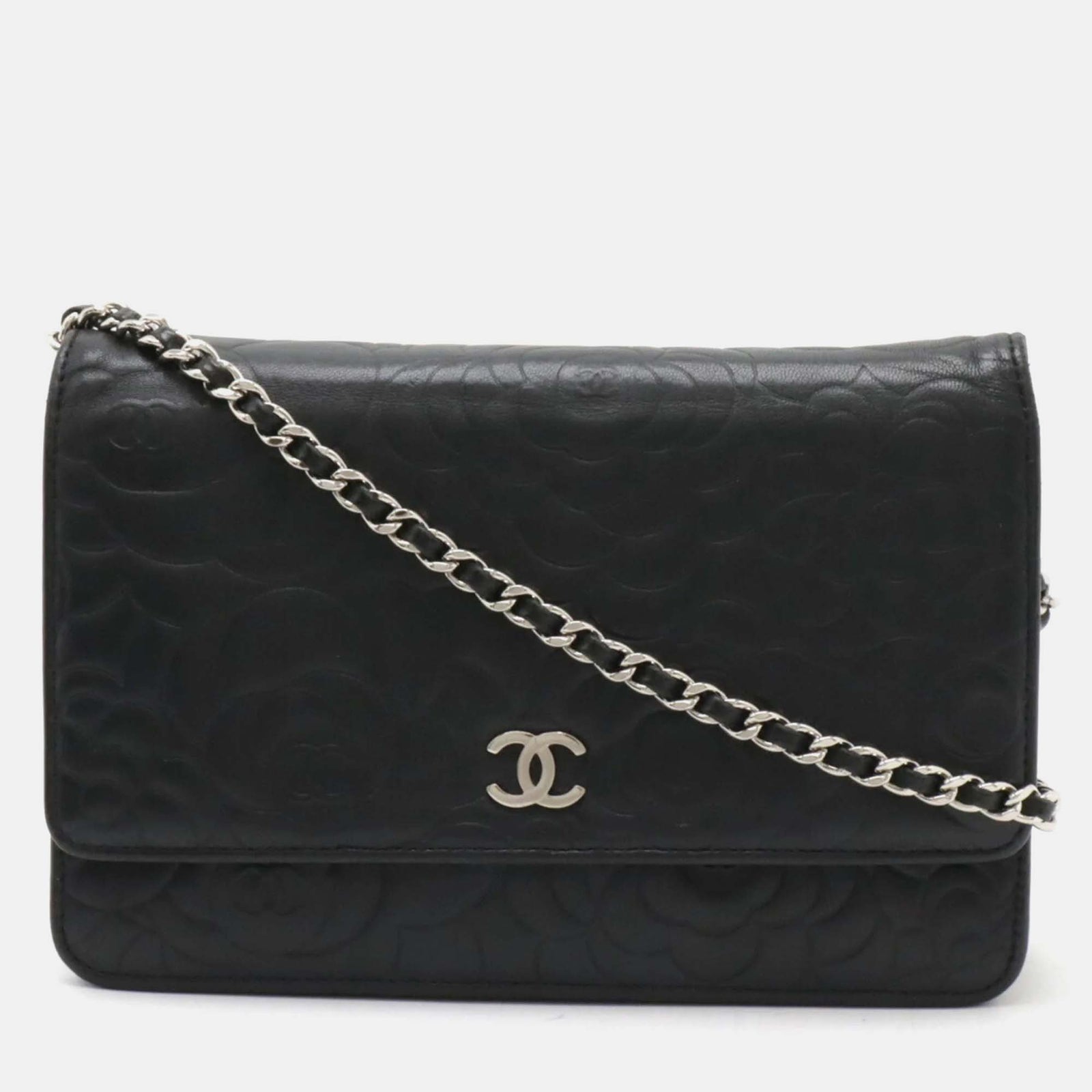 Chanel Schwarzes Lammleder mit Kamelie-Kettenbrieftasche