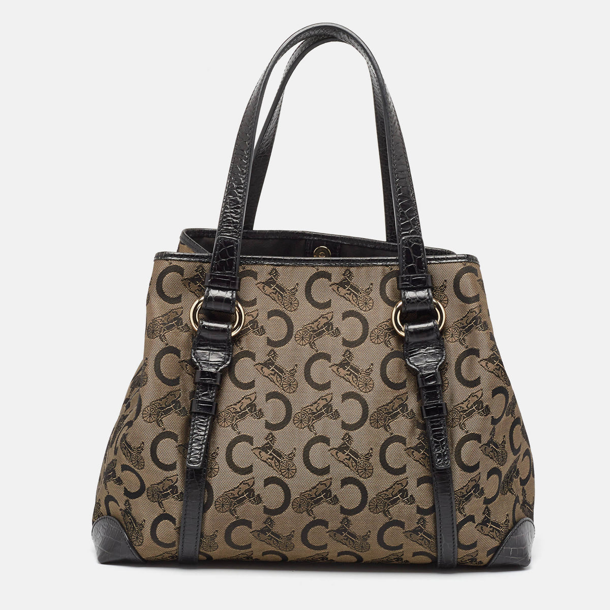Celine Black/Brown Macadam Fabric and Croc Embossed Leather Tote
