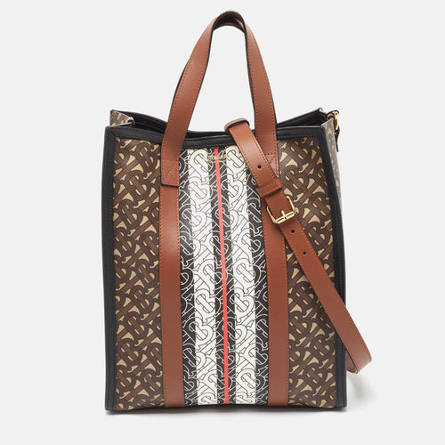 Black/Brown TB Monogram Coated Canvas and Leather Stripe Portrait Tote