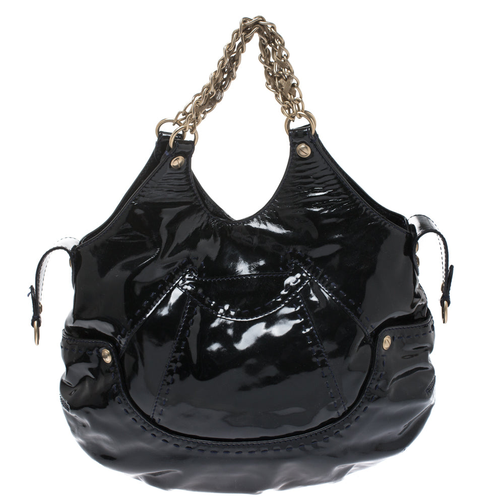 Versace Black Stitches Patent Leather Chain Shoulder Bag