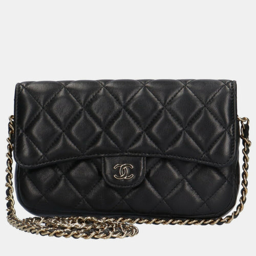 Black Caviar Quilted Flap Phone Holder With Chain