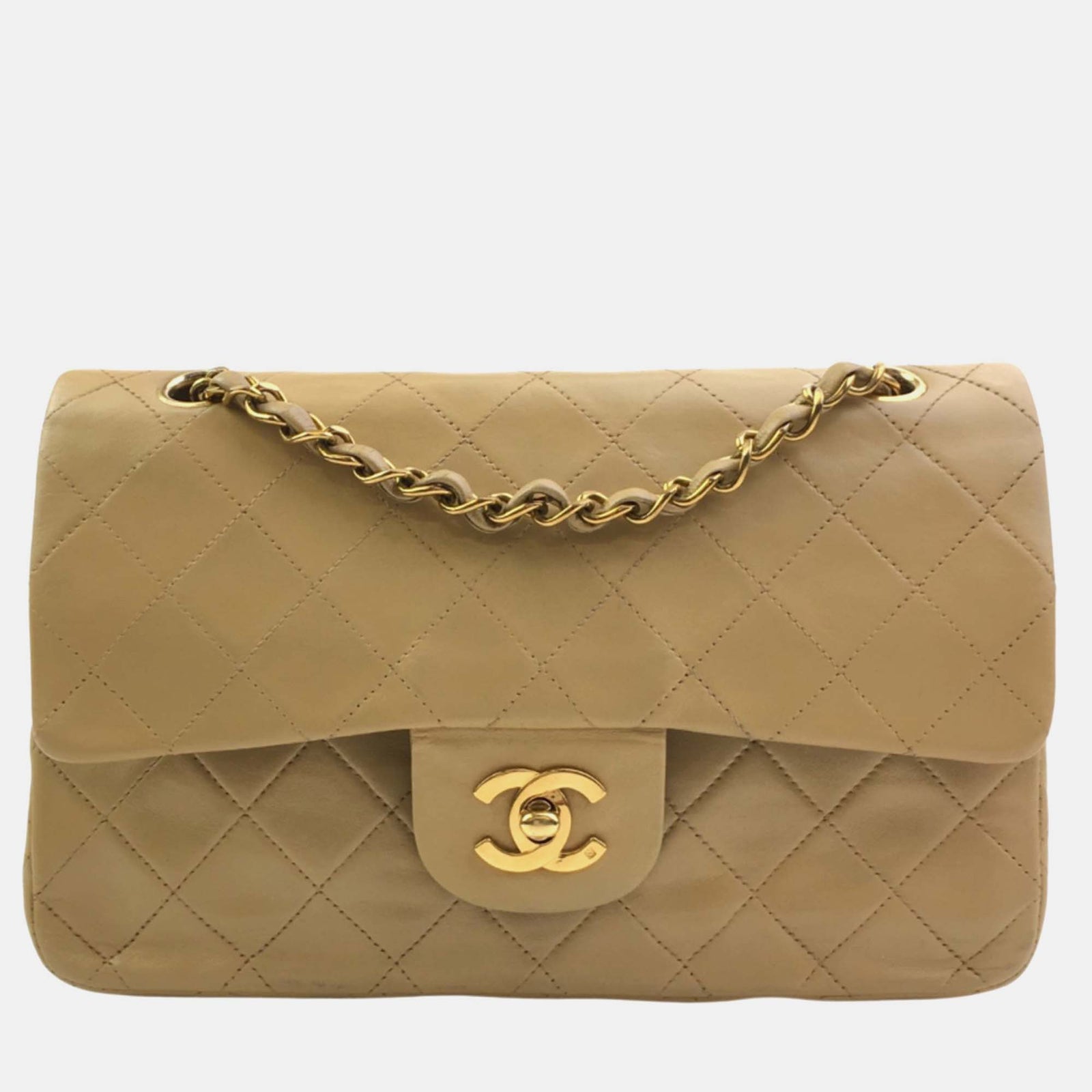 Chanel Beige Lambskin Leather Small Vintage Classic Double Flap Shoulder Bags