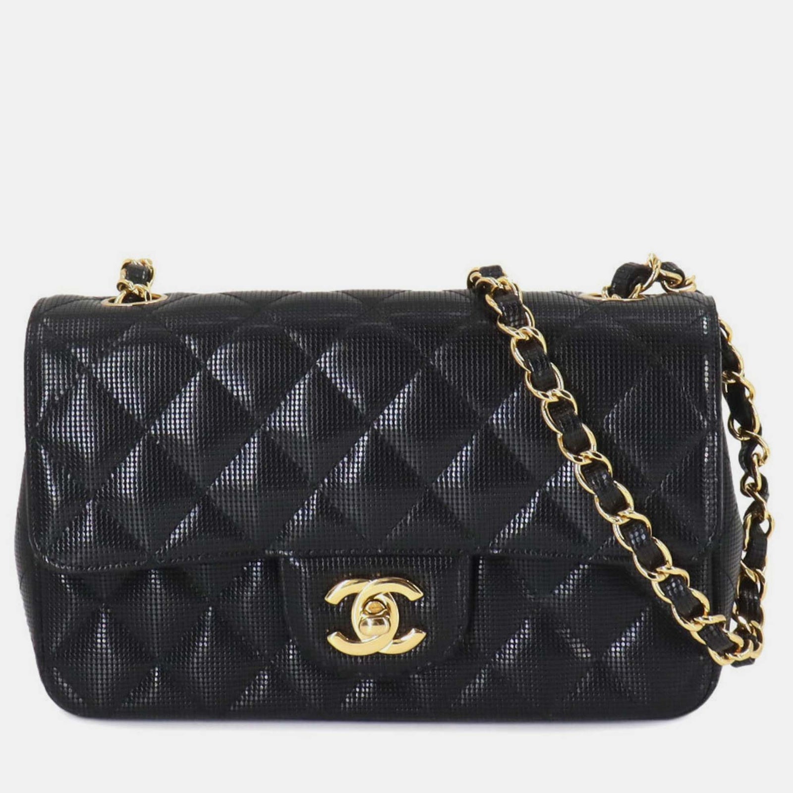 Chanel Schwarze Matelassé 20 Mini-Schultertasche aus Leder mit Kette