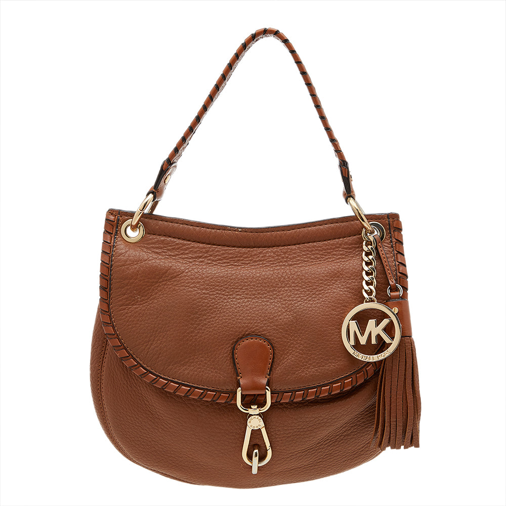 Michael Kors Brown Leather Tassel Braided Flap Top Handle Bag