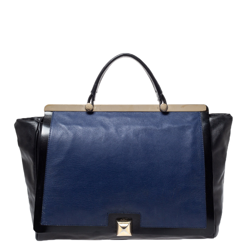 Furla Black/Blue Leather Cortina Top Handle Bag