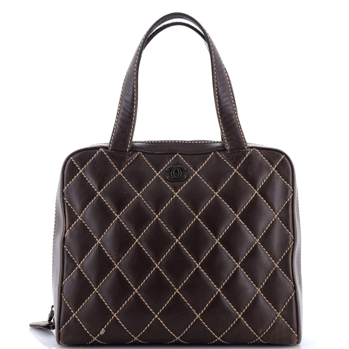 Chanel CHANEL Surpique Zip Around Satchel Quilted Leather Medium