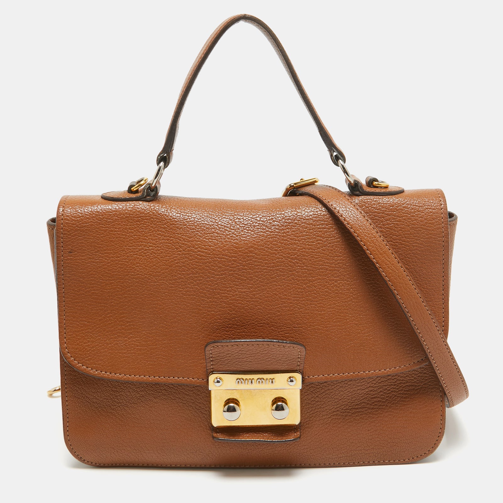 Miu Miu Brown Madras Leather Pushlock Flap Top Handle Bag