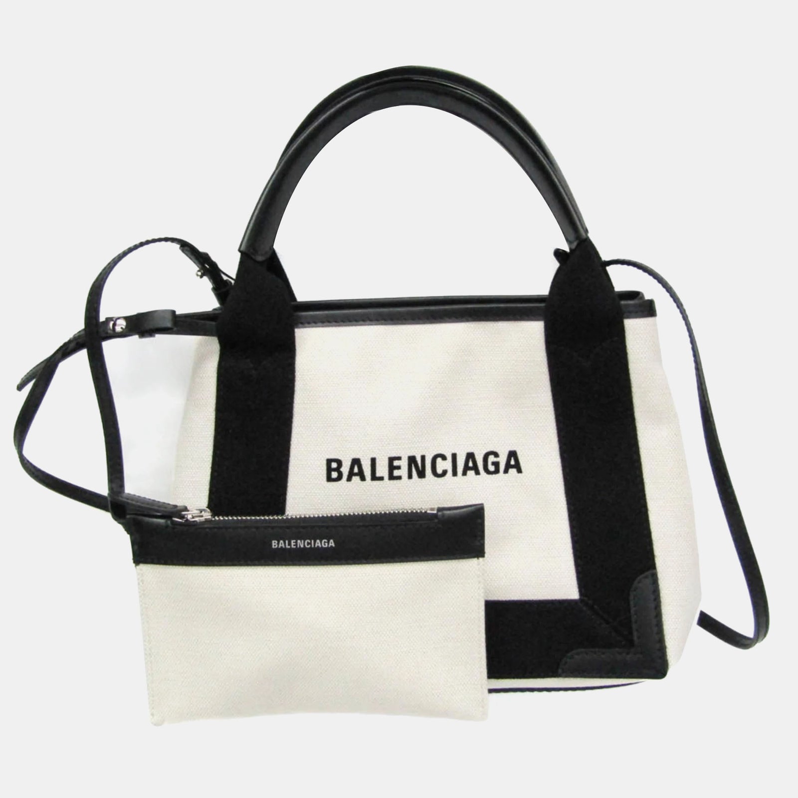 Balenciaga Black/Off-white  Canvas and Leather Navy Cabas XS Tote Bag