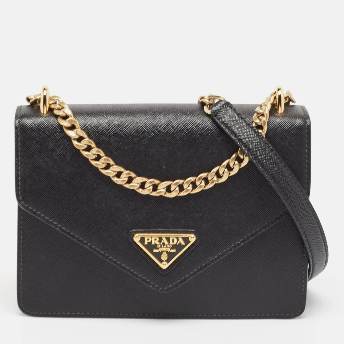 Prada Black Saffiano Lux Leather Envelope Chain Shoulder Bag