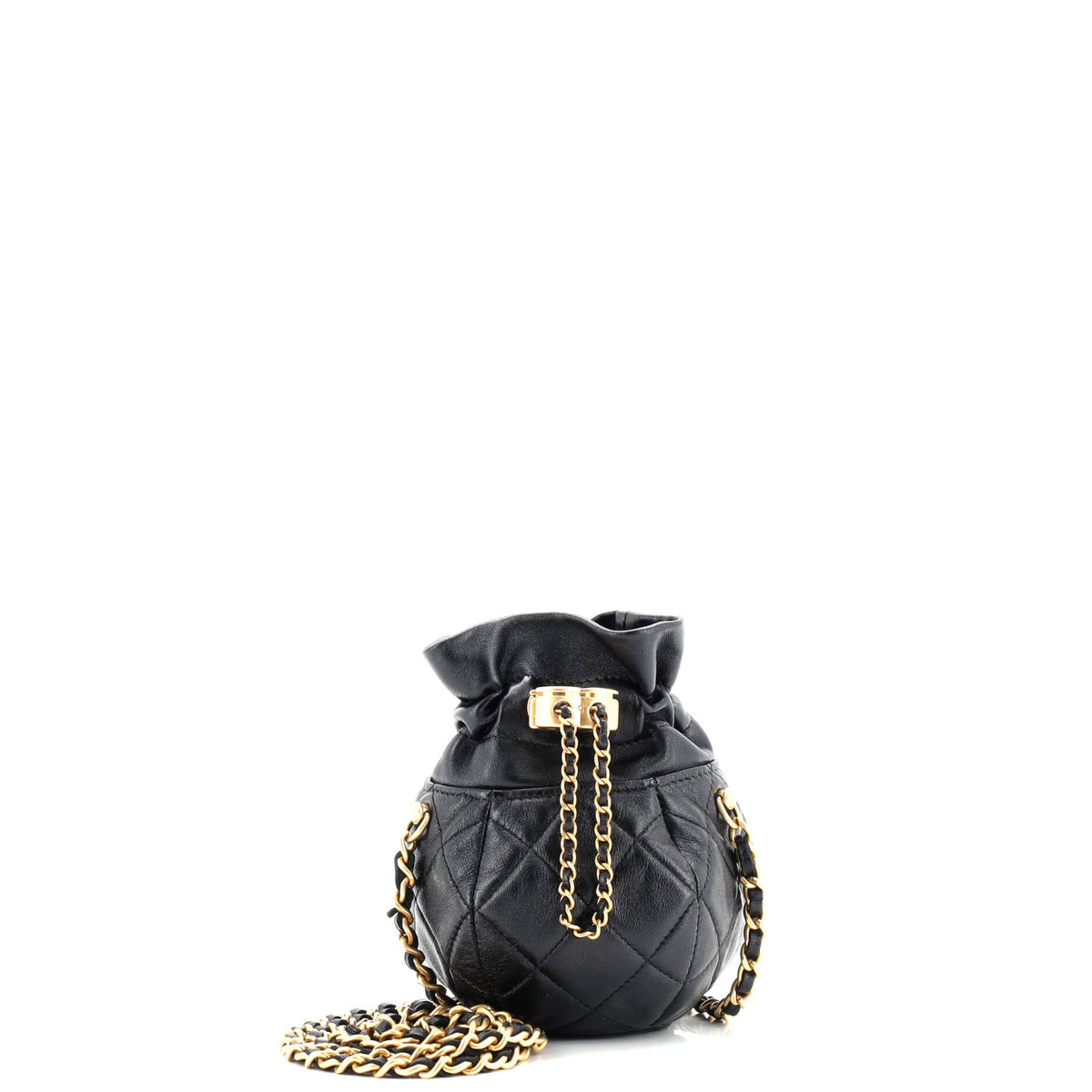 Chanel CHANEL Drawstring CC Round Bucket Clutch with Chain Quilted Lambskin Mini