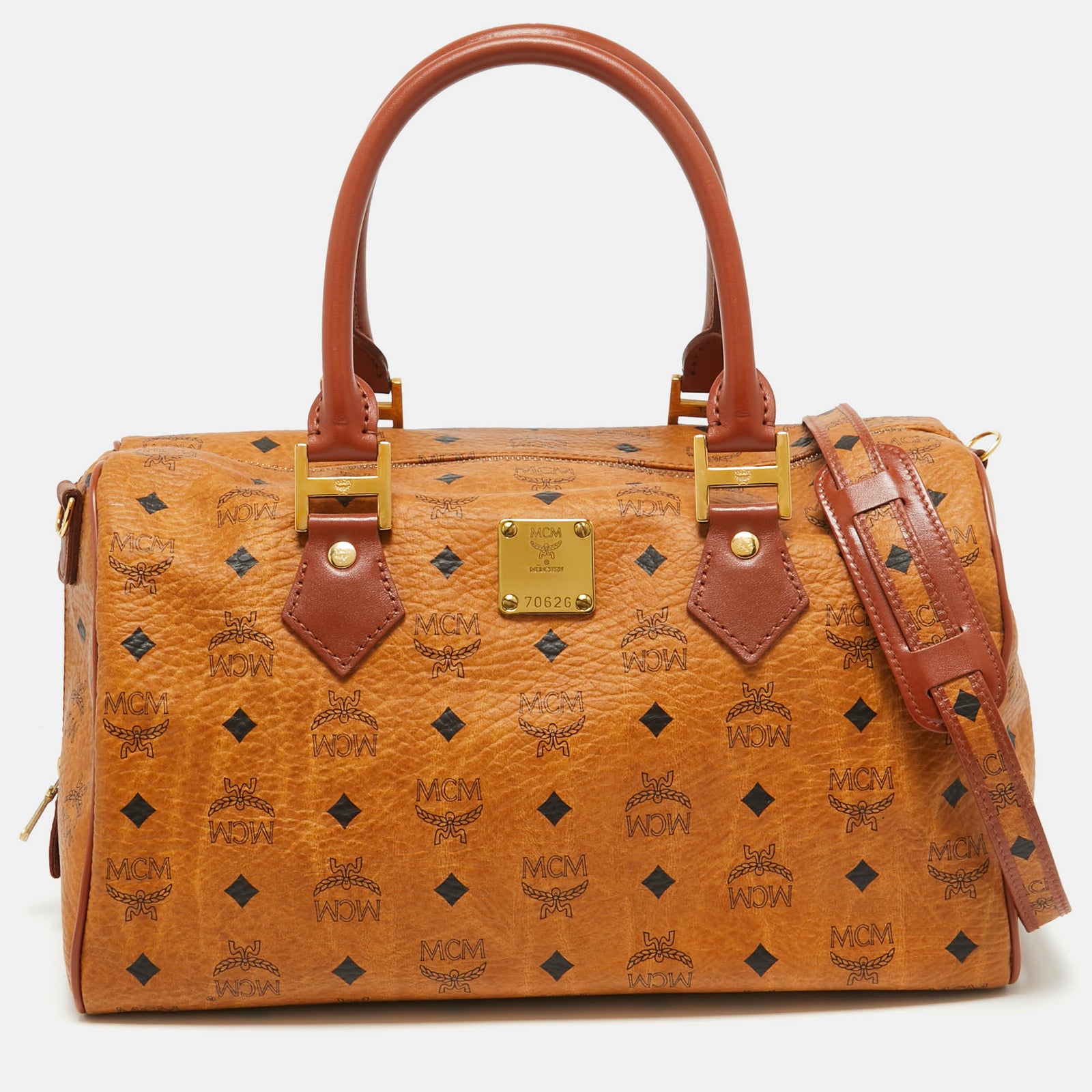 MCM Große Heritage Boston-Tasche aus beschichtetem Canvas in Cognac-Visetos