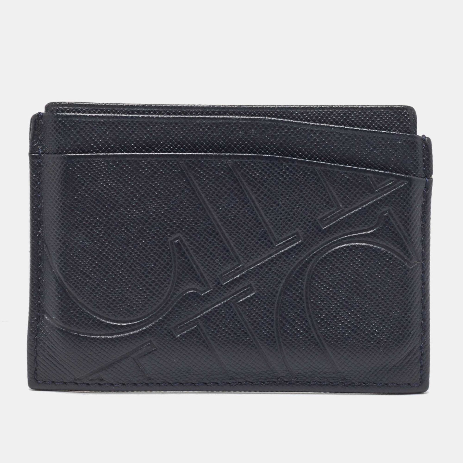 Ch Carolina Herrera Dark Blue Monogram Embossed Leather Card Holder