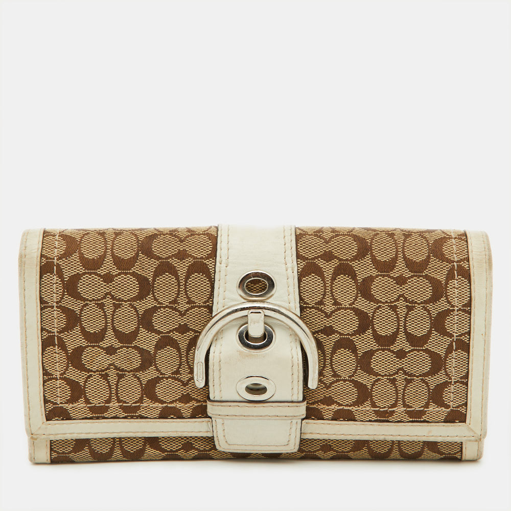 Coach Beige/White Signature Canvas and Leather Buckle Detail Continental Wallet