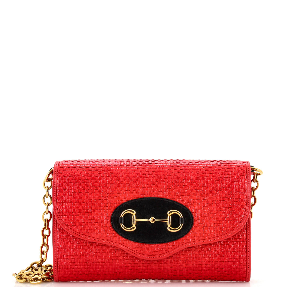 Gucci GUCCI Horsebit 1955 Curved Flap Shoulder Bag Raffia Small