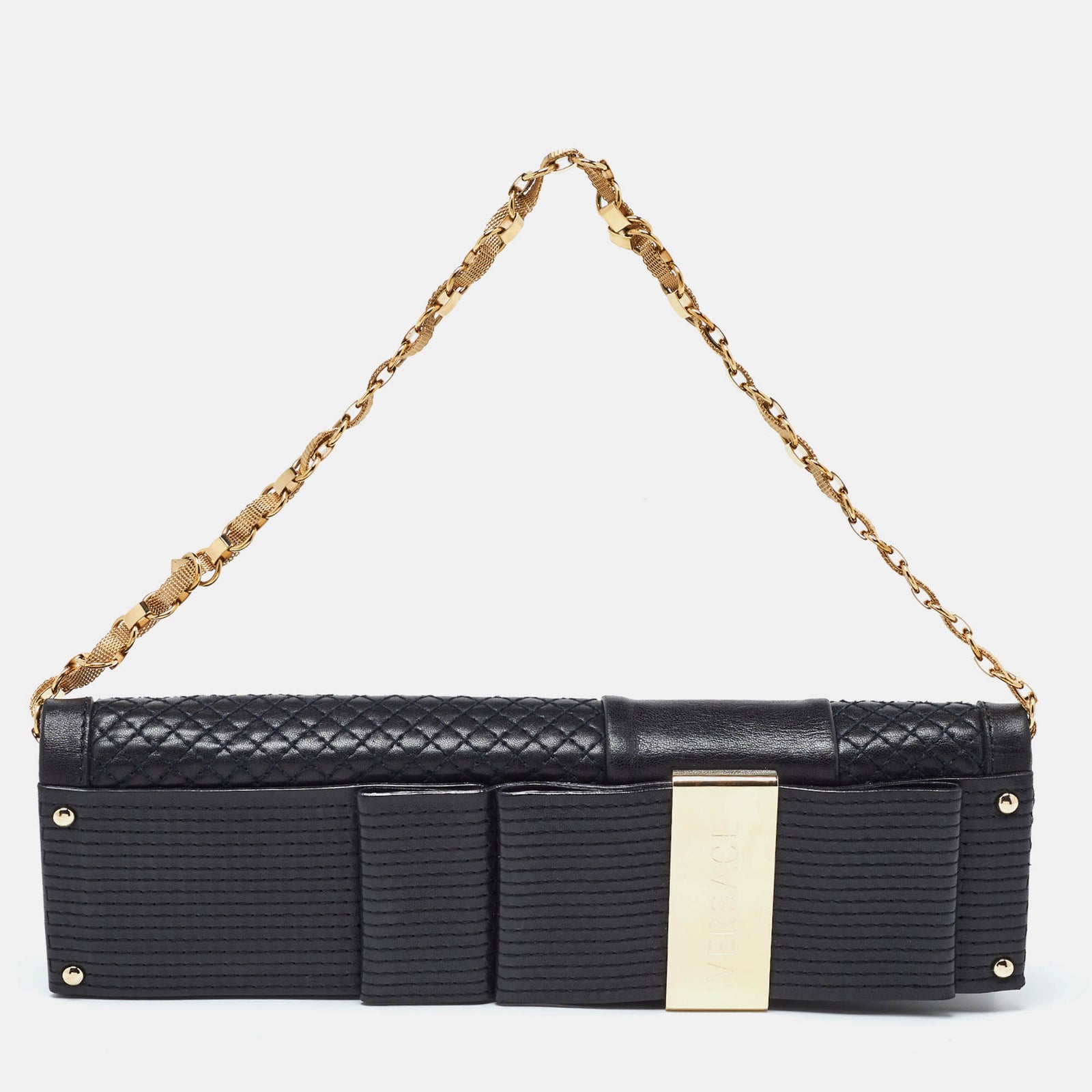 Versace Black Quilted Leather Medallion Chain Clutch