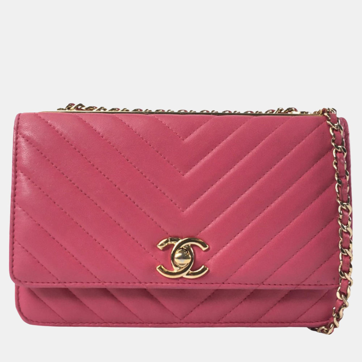 Chanel Pink Lambskin Chevron Trendy Wallet On Chain