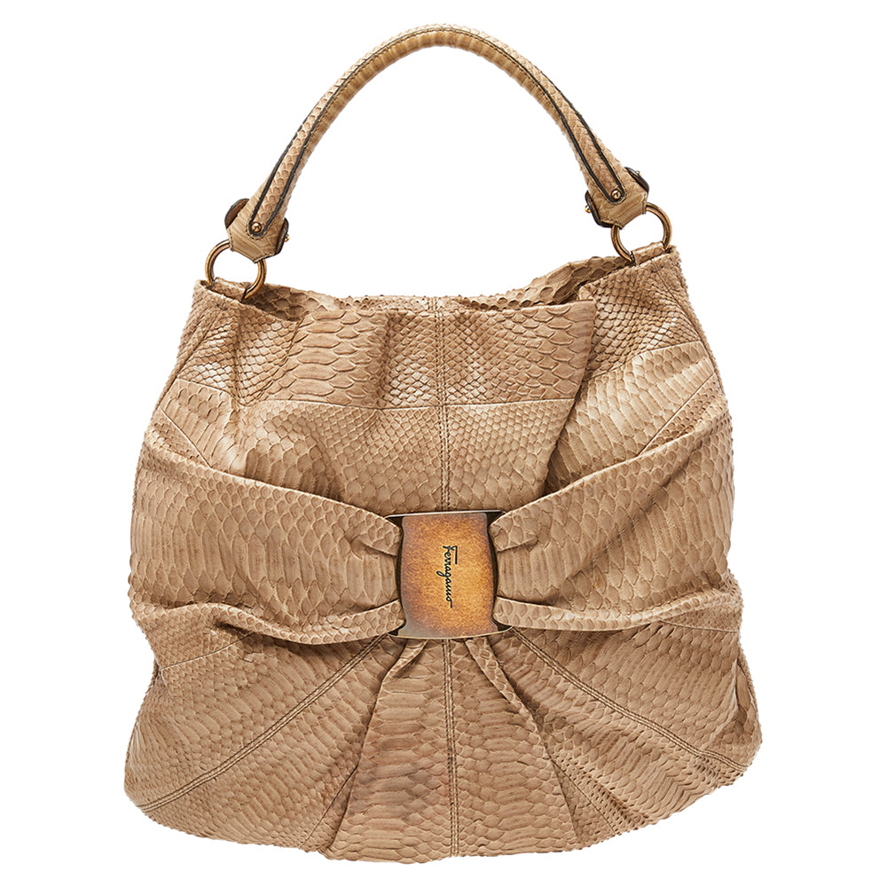 Salvatore Ferragamo Beige Python Leather Miss Vara Denise Hobo