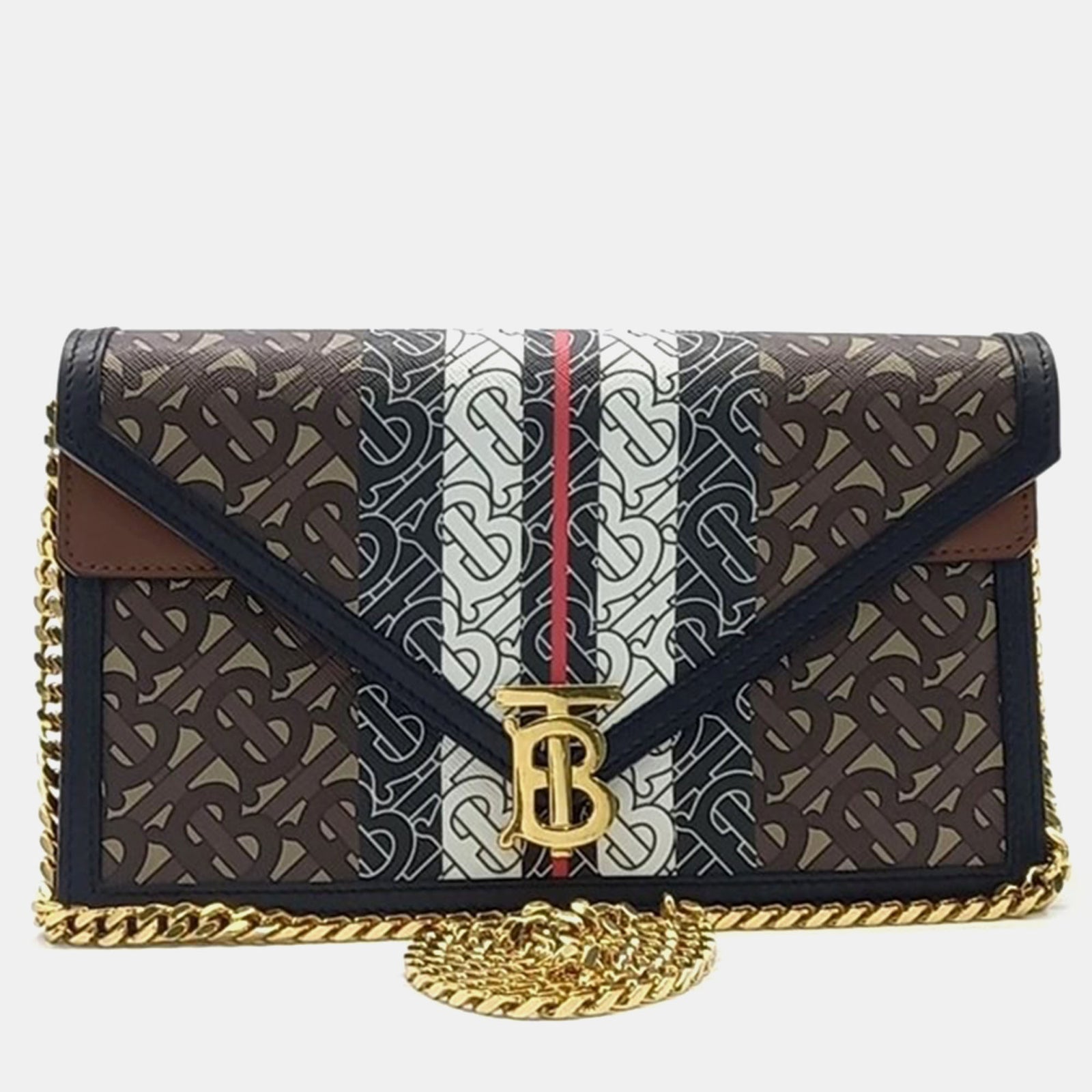 Burberry Brown Monogram E-Canvas Small TB Envelope Chain Clutch