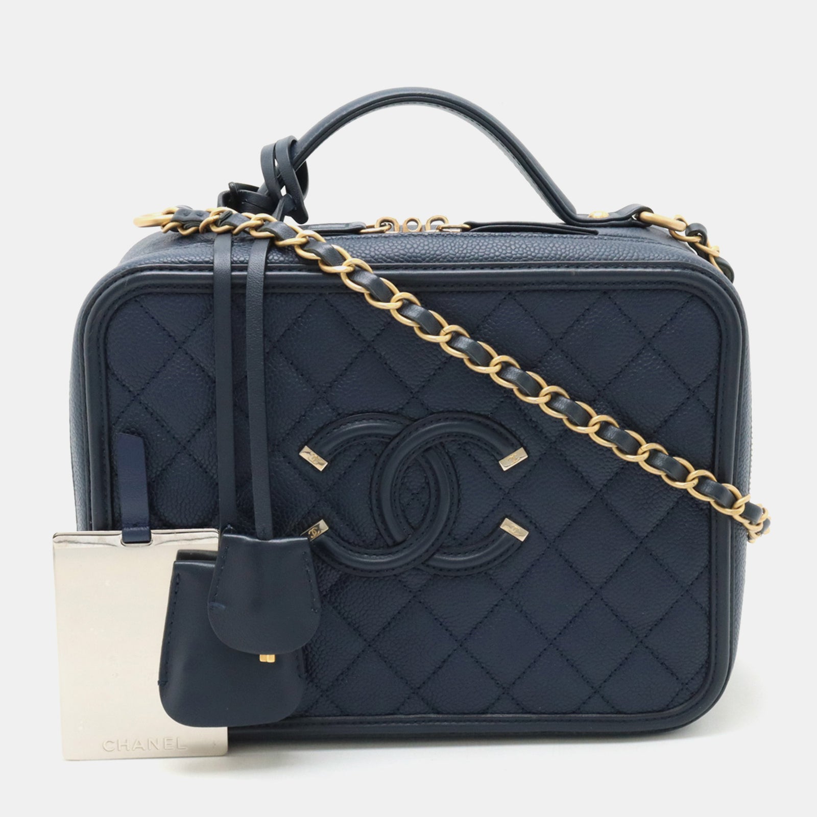 Chanel Blue Leather Large Filigree Top Handle Vanity Case