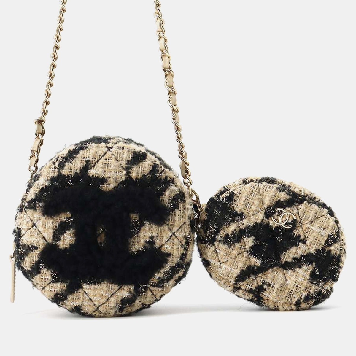 Chanel Beige/Black Tweed Round CC Chain Shoulder Bag